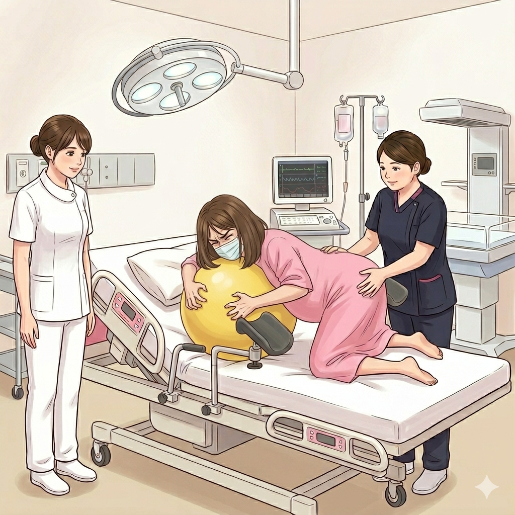 分娩台の上でバランスボールに乗っている様子